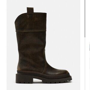 NWT ZARA LOW HEELED RUBBER SOLE BOOTS BROWN